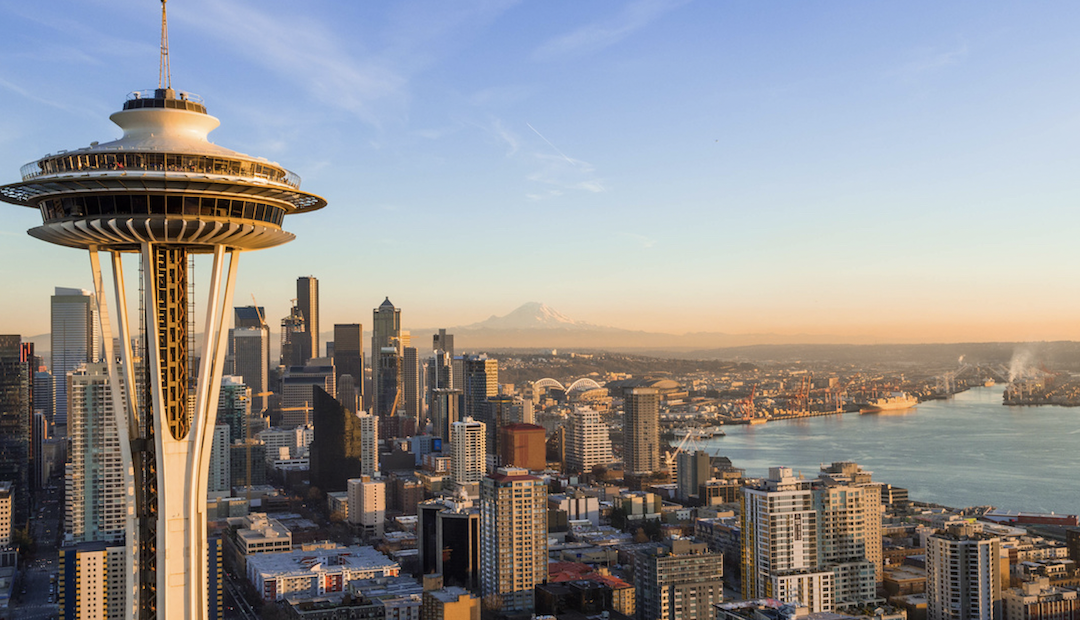 Seattle skyline with Space Needle at sunset.