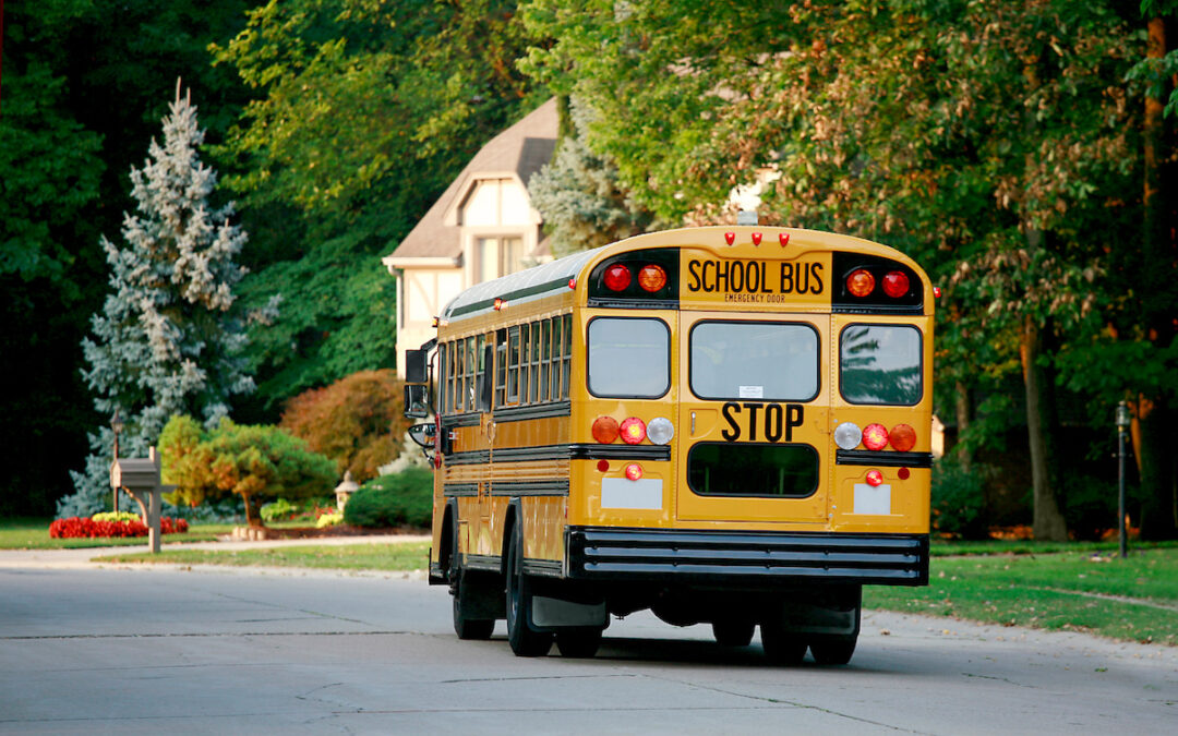 Yellow school bus on suburban street.